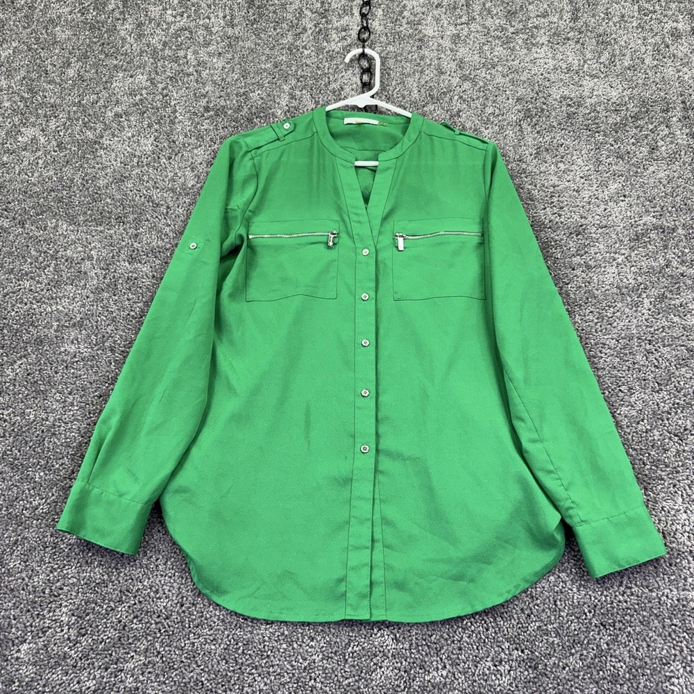 Calvin Klein Blouse Womens Small Green V Neck Zip Pocket Tunic Top Roll Tab